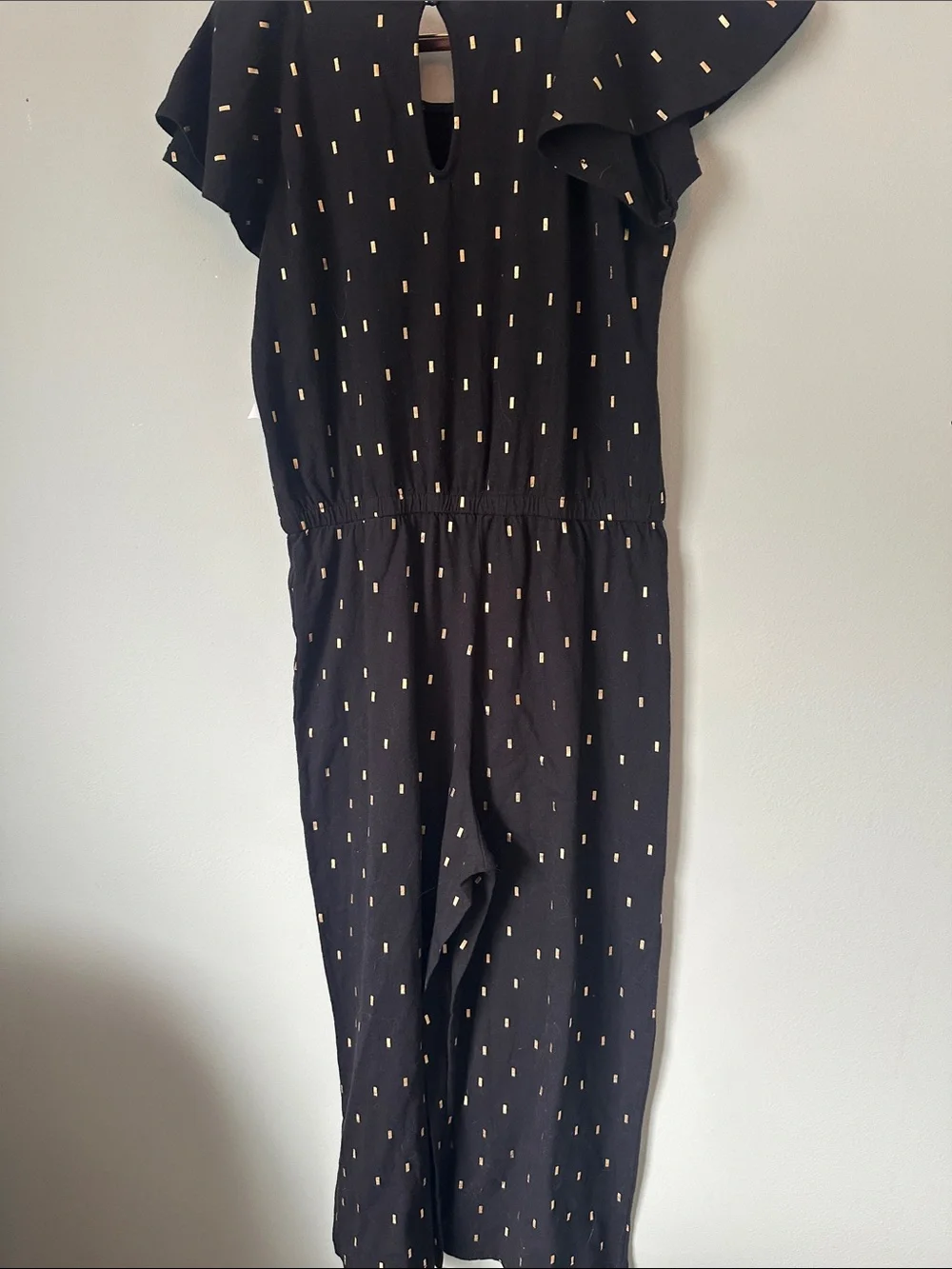 NWT Black and Gold Dash Confetti Flutter Sleeve Jumpsuit w/ Keyhole Back, XXL 16